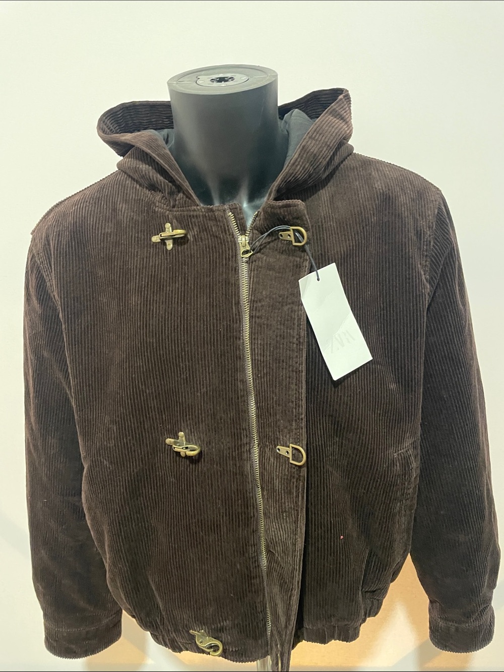 Zara Brown Corduroy Hooded Bomber Jacket with Toggle Closures